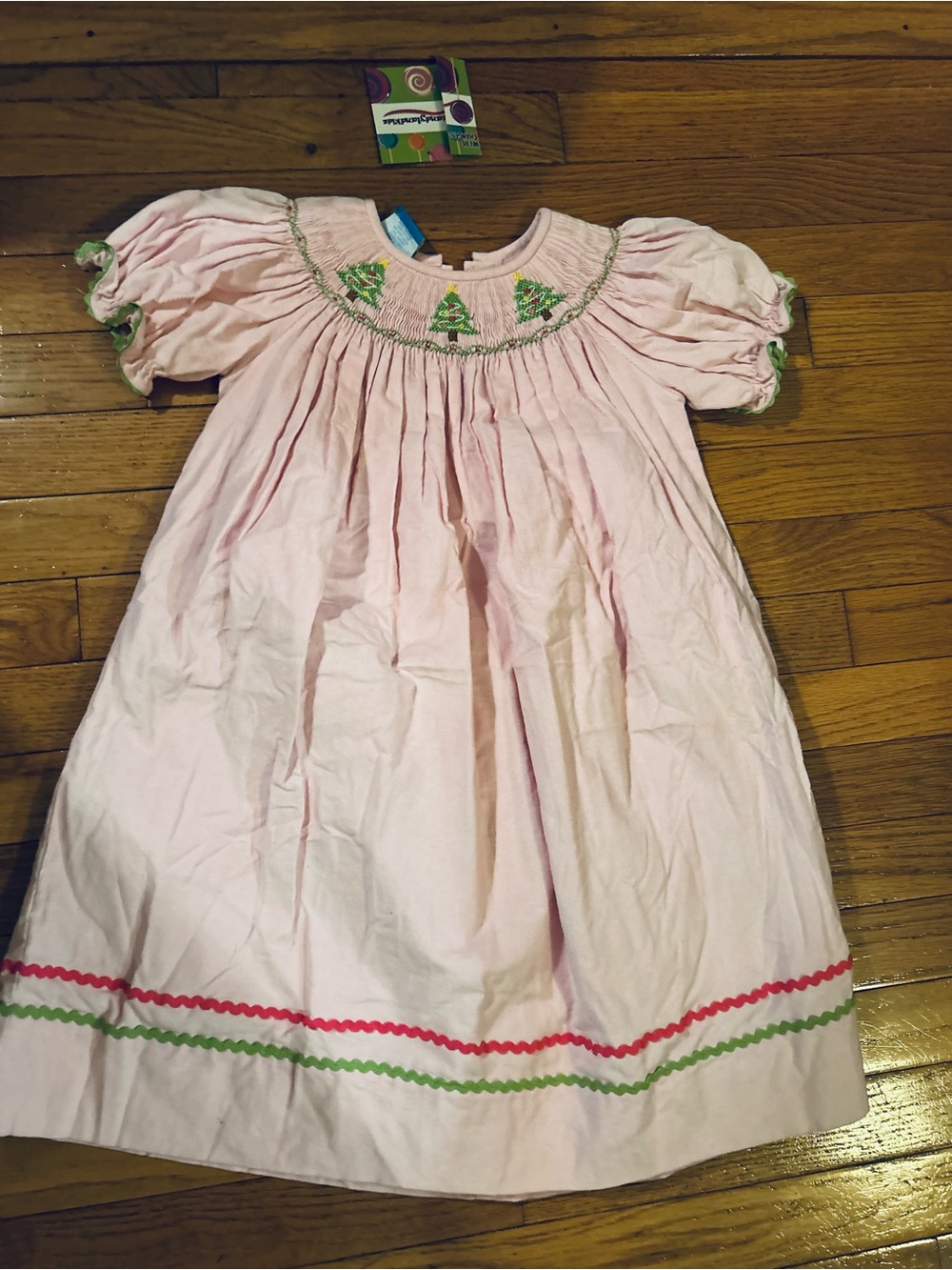Candyland Pink Smocked Holiday Dress with Green Tree Embroidery
